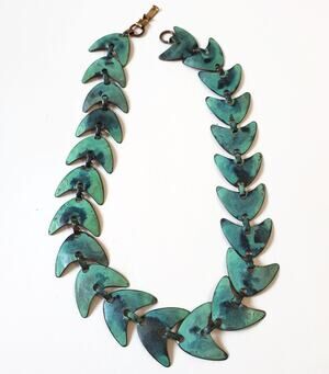 Vintage Verdigris Fishtail Brass Modernist Necklace 20"